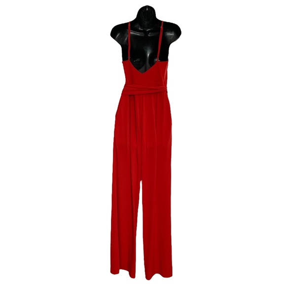 EXPRESS RED BELTED CRISS CROSS KEYHOLE TOP OPEN WIDE LEG JUMPSUIT - Picture 5 of 11